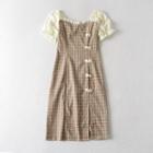 Puff-sleeve Panel Frog-button Plaid A-line Dress