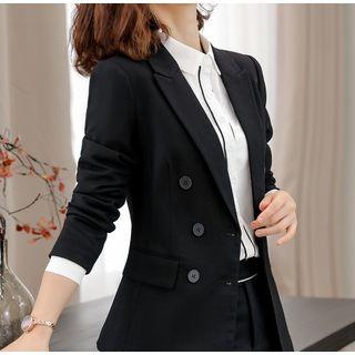 Contrast Trim Shirt / Plain Double-breasted Blazer / Cropped Dress Pants / Set