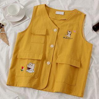 Embroidered Button Cargo Vest Yellow - One Size
