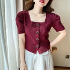 Set: Short-sleeve Square-neck Cardigan + Arm Sleeves