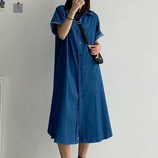 Denim Short-sleeve Midi A-line Shirtdress Dark Blue - One Size