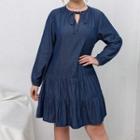 Plain Denim Long Sleeve V-neck Dress