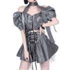 Puff-sleeve Off-shoulder Crop Top / Choker / Mini A-line Skirt / Set