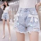 Bow Beaded Distressed Denim Shorts