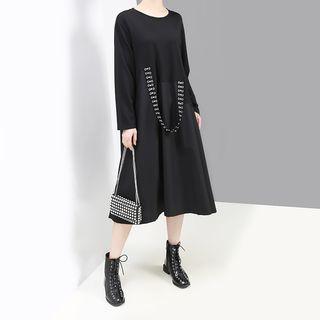 Long-sleeve Midi Shift Dress Black - One Size