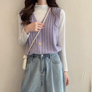 Plain Long-sleeve Knit Top / Cable-knit Vest