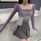 Mesh Panel Long-sleeve Knit Top Purple - One Size