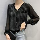 Chiffon-sleeve Plaid Cardigan