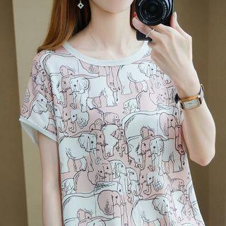 Short-sleeve Elephant Print Knit Top