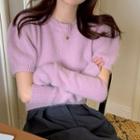 Set: Short-sleeve Knit Top + Arm Sleeves Set Of 2 - Top & Arm Sleeves - Pink - One Size
