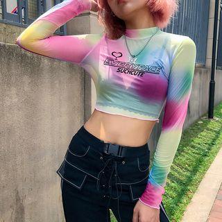 Mesh Lettering Long-sleeve Crop Top