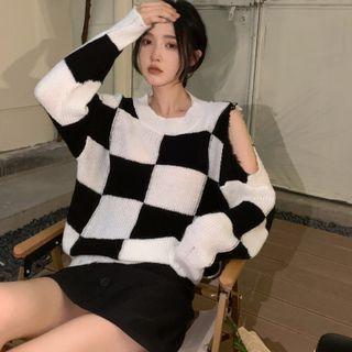 Checkerboard Cold Shoulder Sweater Check - Black & White - One Size