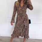 Long-sleeve V-neck Midi Wrap Dress