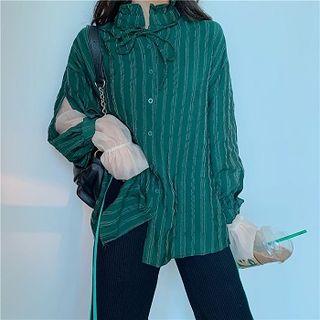 Mesh Panel Flare-sleeve Lace-up Blouse