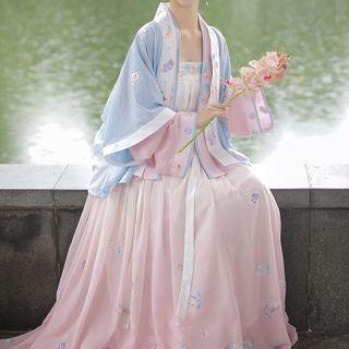 Chinese Hanfu Set Of 4: Embroidered Midi-sleeve Short Coat + Embroidered Long-sleeve Short Coat + Embroidered Tank Top + Print Semi-body Maxi Dress