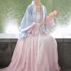 Chinese Hanfu Set Of 4: Embroidered Midi-sleeve Short Coat + Embroidered Long-sleeve Short Coat + Embroidered Tank Top + Print Semi-body Maxi Dress
