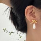 Faux Pearl Bow Drop Earring 1 Pair - E408 - Stud Earrings - Gold - One Size