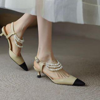 Pointed Faux Pearl Kitten Heel Sandals
