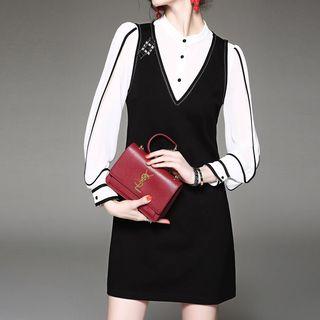 Set : Panel Long-sleeve Blouse + Sleeveless Dress