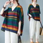 Short-sleeve V-neck Striped Loose-fit Top Red & Blue & Yellow - One Size