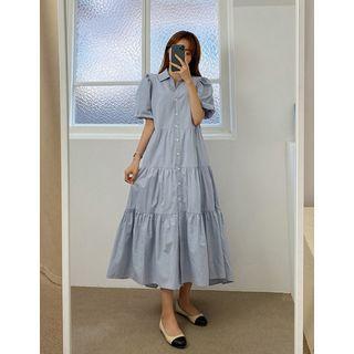 Puff-sleeve Long Tiered Shirtdress