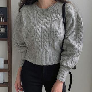 Puff-sleeve Cropped Cable-knit Top
