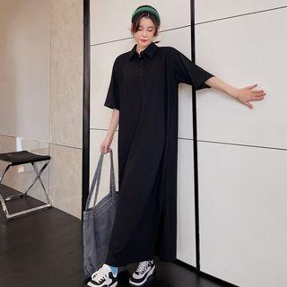Elbow-sleeve Maxi Polo Shirt Dress