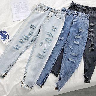 Studded Distressed Frayed High-waist Denim Cropped Pants