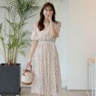 Gathered-waist Long Floral Dress With Lace Strap
