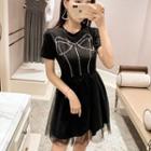 Short-sleeve Rhinestone Mini Mesh Dress Black - One Size
