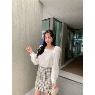 Square-neck Puff-sleeve Fringed Blouse