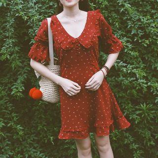 Heart Print Short-sleeve Collared A-line Dress