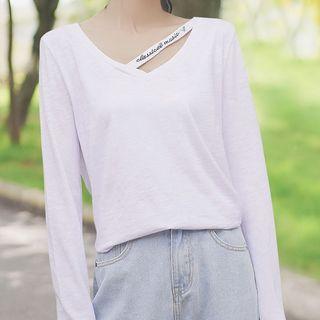 Letter Embroidered Cut-out Long-sleeve T-shirt