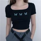 Butterfly Print Short-sleeve T-shirt Black - One Size