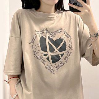 Short-sleeve Heart Print T-shirt Almond - One Size