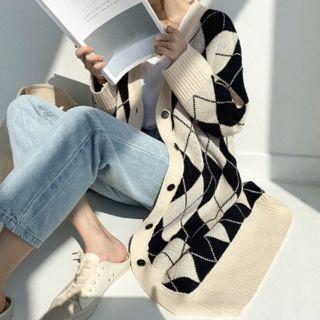 Argyle Knit Long Cardigan Beige - One Size