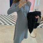 Long-sleeve Buttoned Midi A-line Knit Dress