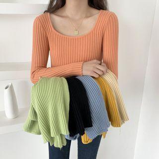 Square-neck Rib-knit Top Beige - One Size