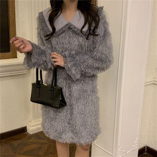 Bell-sleeve Collared Fringed Mini A-line Dress Gray - One Size
