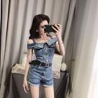 Cold-shoulder Short-sleeve Denim Playsuit