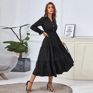 Long-sleeve V-neck Ruched Plain A-line Midi Dress