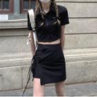 Short-sleeve Check Shirt / Lace-up Check Pencil Skirt