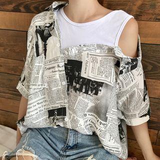 Elbow-sleeve Newspaper Print Mock Two-piece Shirt