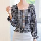 Gingham Square-neck Cropped Blouse