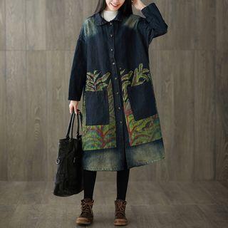 Pocketed Denim Long Jacket Dark Blue - One Size