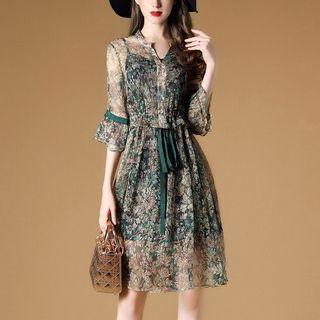 Set: Short-sleeve Floral A-line Dress + Slipderss