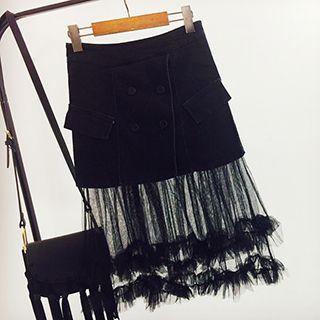 Mesh Panel Denim Skirt