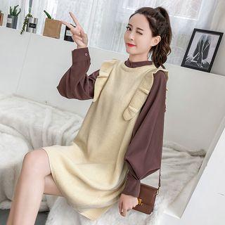 Set: Lantern-sleeve Blouse + Ruffle Trim Sleeveless Knit Dress