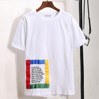 Lettering Color Applique Short Sleeve T-shirt