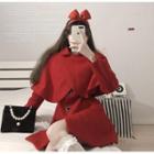 Set: Cape + Long-sleeve A-line Dress Set - Cape & Dress - Red - One Size